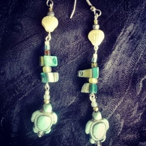 These were made with the turquoise sea turtles, shell shaped beads, and dyed shell beads. I'm loving this theme!